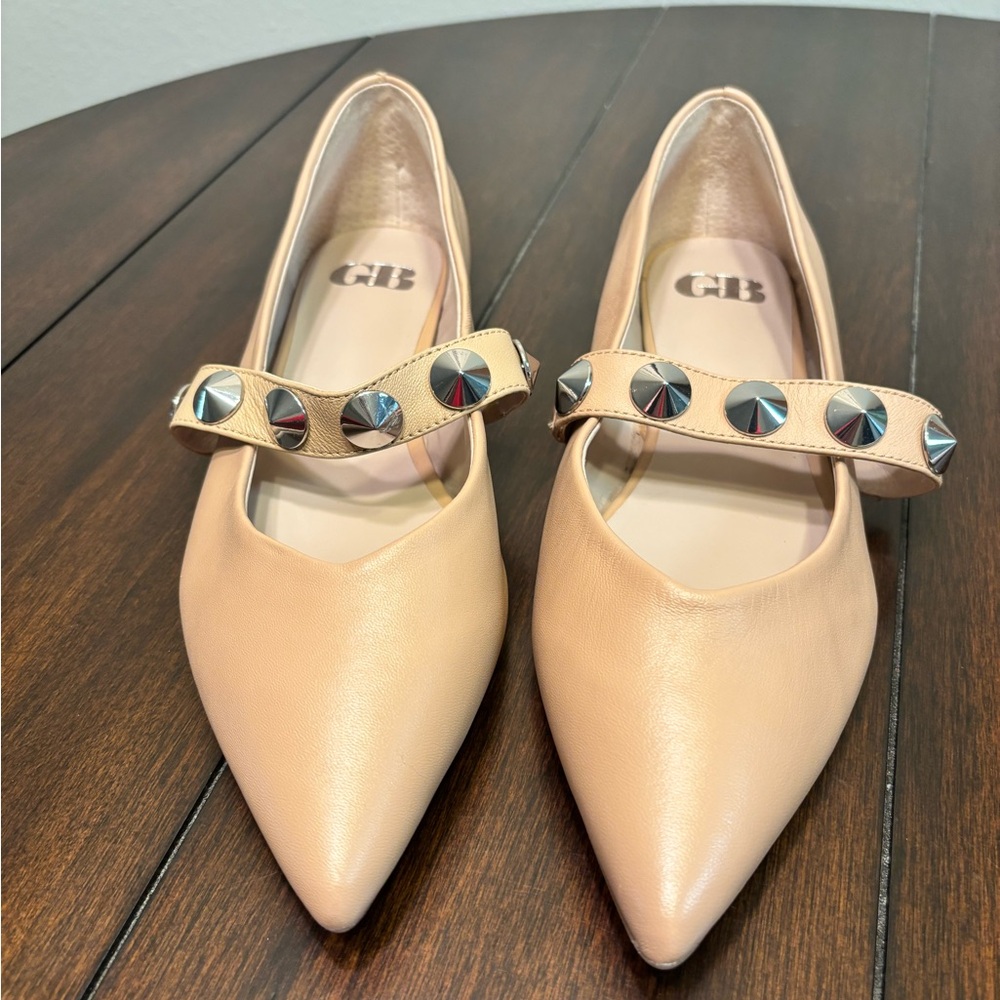 Gianni Bini Nude Beige Pointed-Toe Mary Jane Flats with Studded Strap